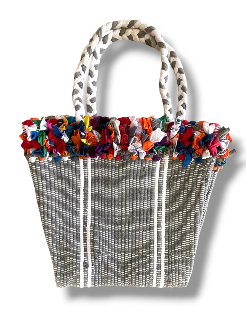 Handwoven Gray Striped Market Tote Boho Coastal Beach Bag Braided Handles Fringe